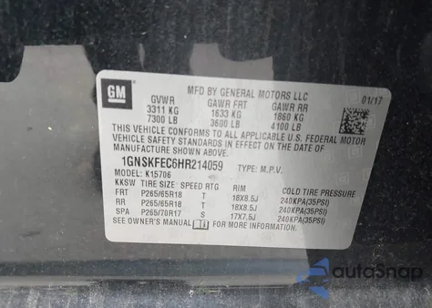 2017 Chevrolet Tahoe Commercial Fleet from USA, damaged, VIN 1GNSKFEC6HR214059